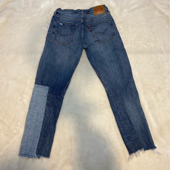 Levi's 501 Color-block Patchwork Ragged Lands Raw Hem Slim Straight Denim Jeans - Picture 7 of 16